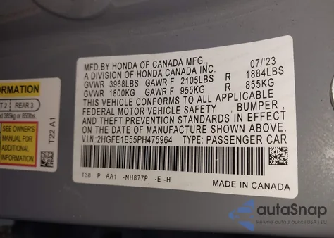 2023 Honda Civic Si Sedan z USA, uszkodzony, nr VIN 2HGFE1E55PH475964